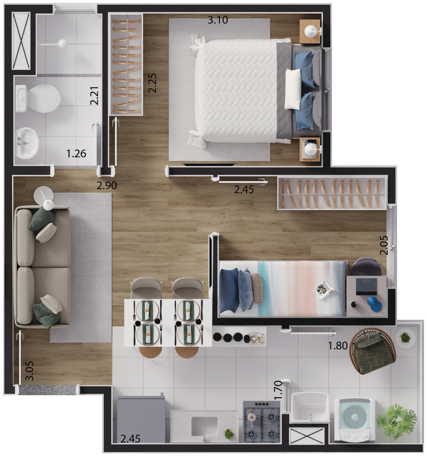 Planta 03 - 2 dorm 33,96m²