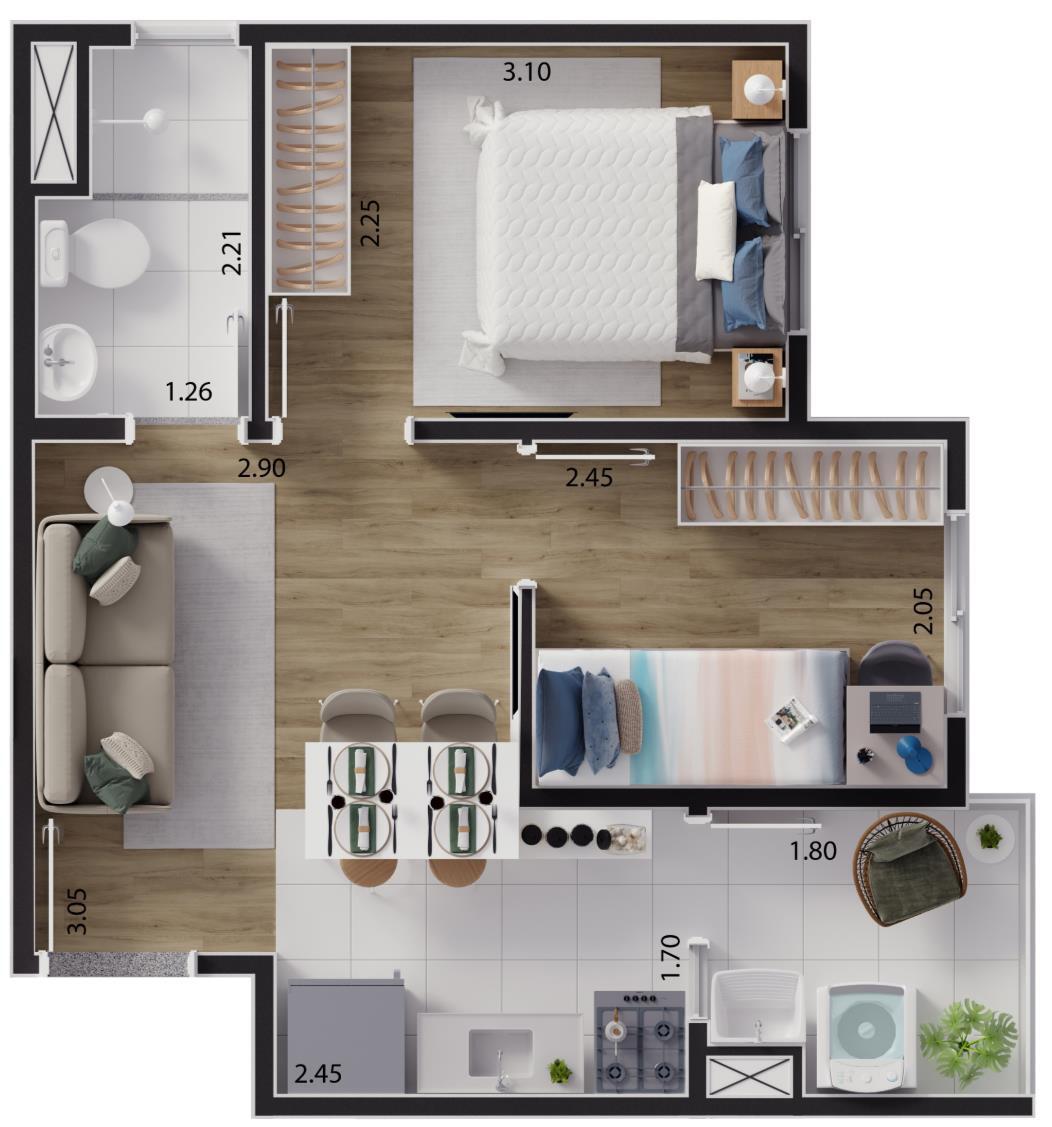 Planta 03 - 2 dorm 33,96m²