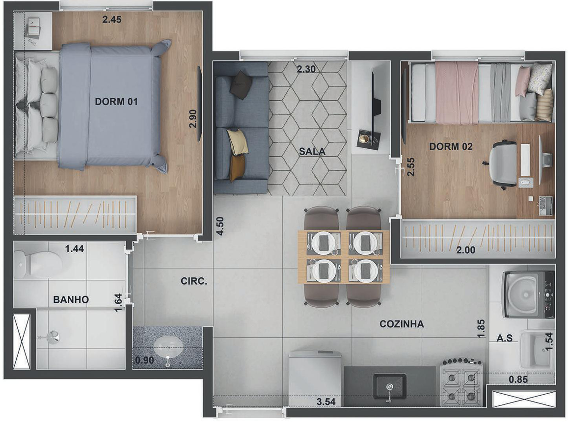 Planta 01 - 2 dorm 34m²