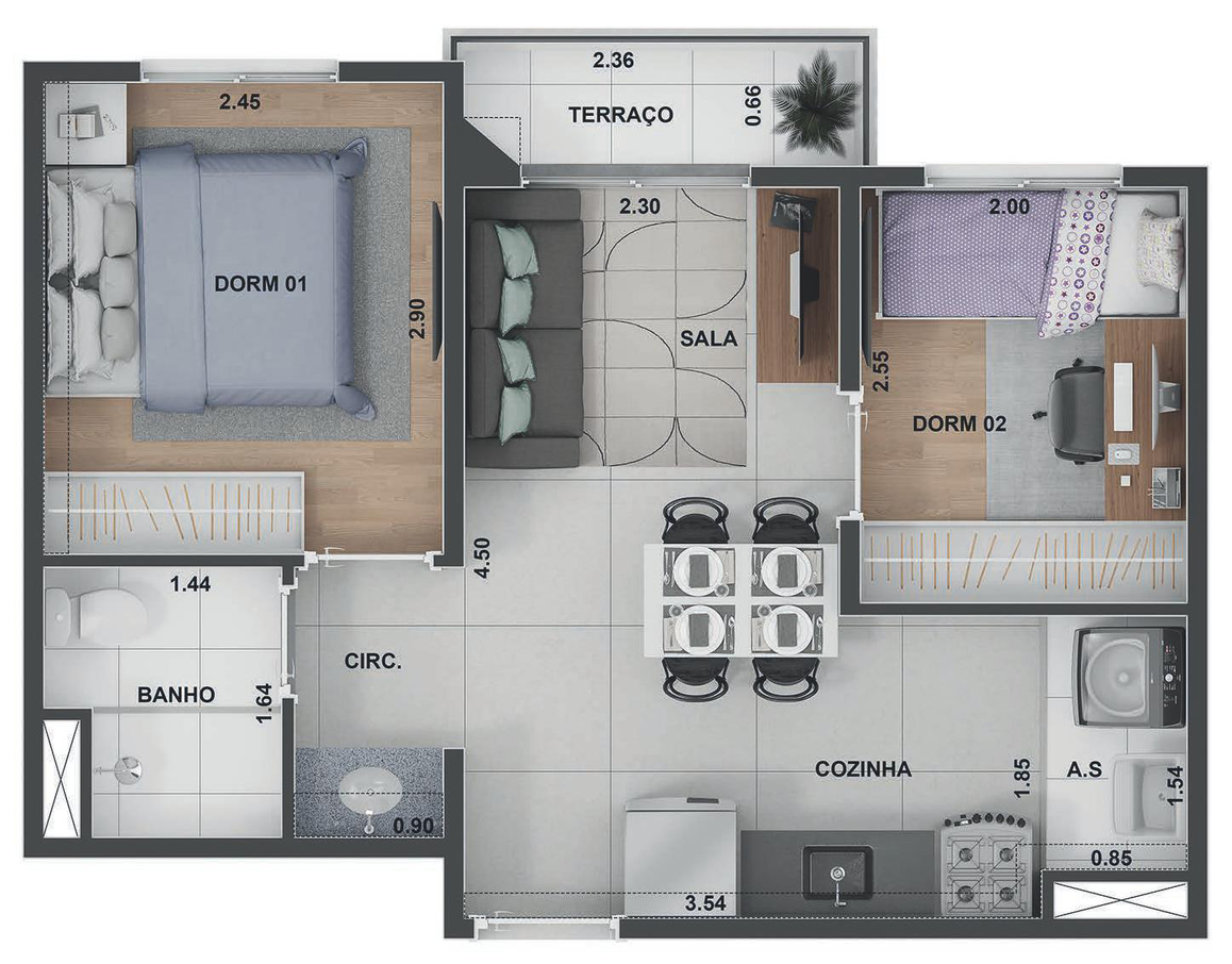 Planta 02 - 2 dorm 36m²