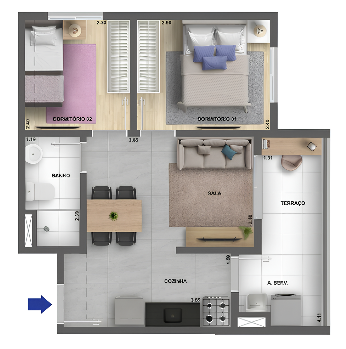 Planta 03 - 2 dorm 42m²