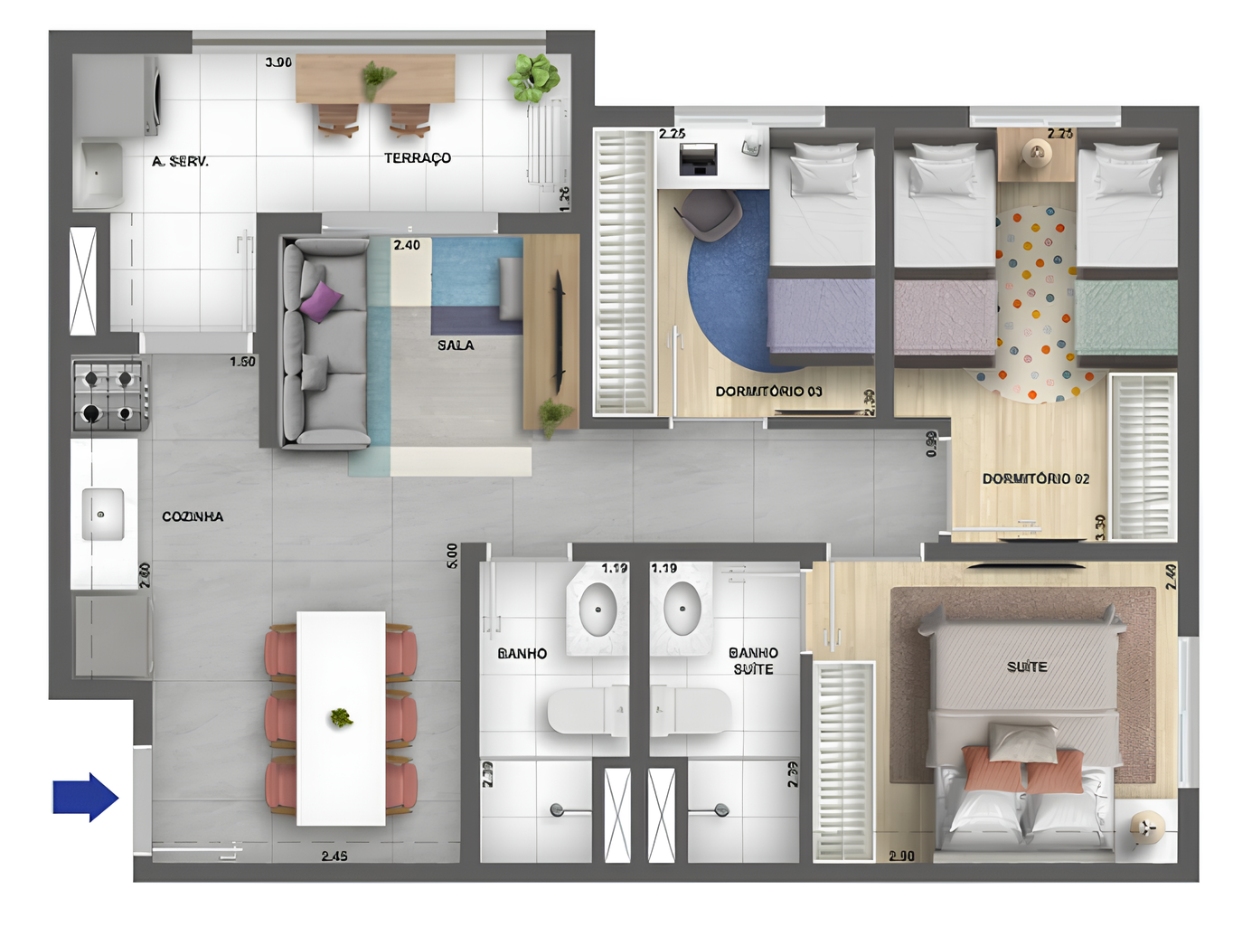 Planta 05 - 3 dorm 56m²