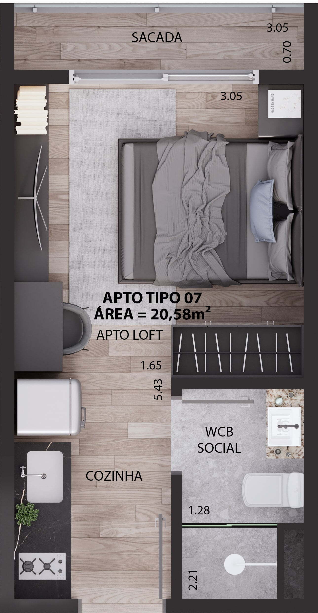 Planta 01 - 1 dorm 20,58m² - studio