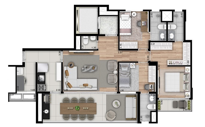 Planta 01 - 3 dorm 112m²