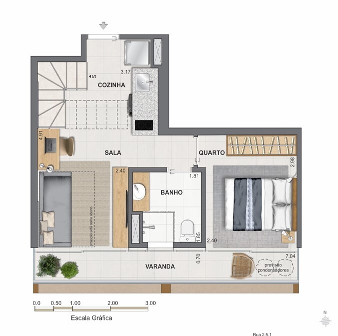 Planta 13 - 1 dorm 74,88m² - cobertura duplex - inferior