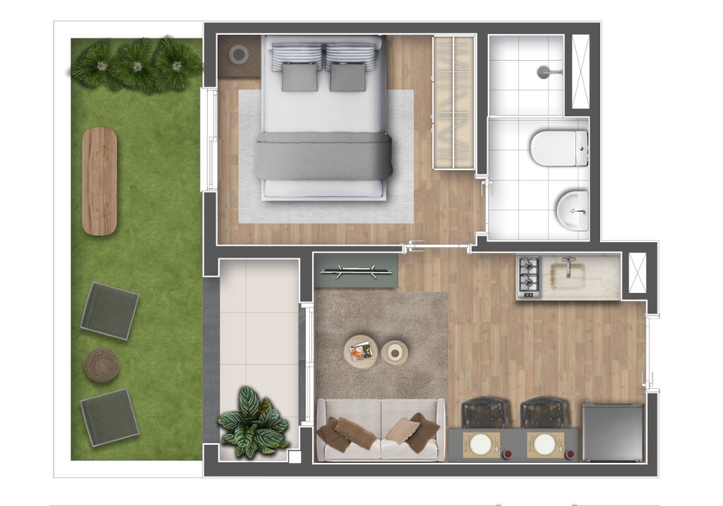 Planta 04 - 1 dorm 33,02m² - garden