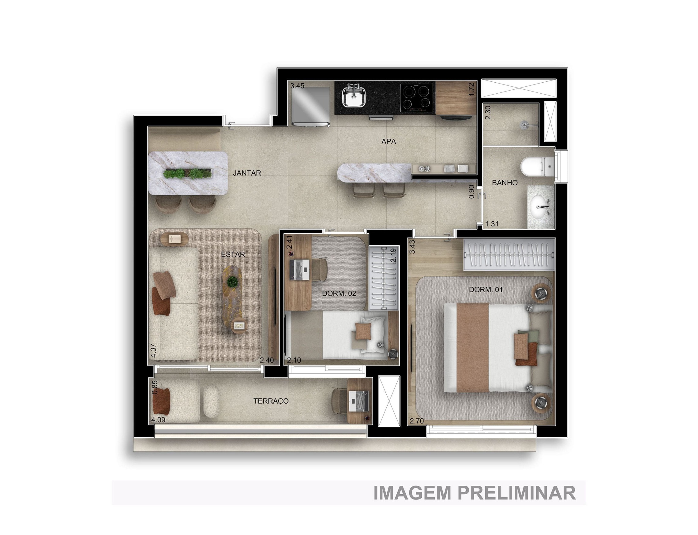 Planta 02 - 2 dorm 49m²