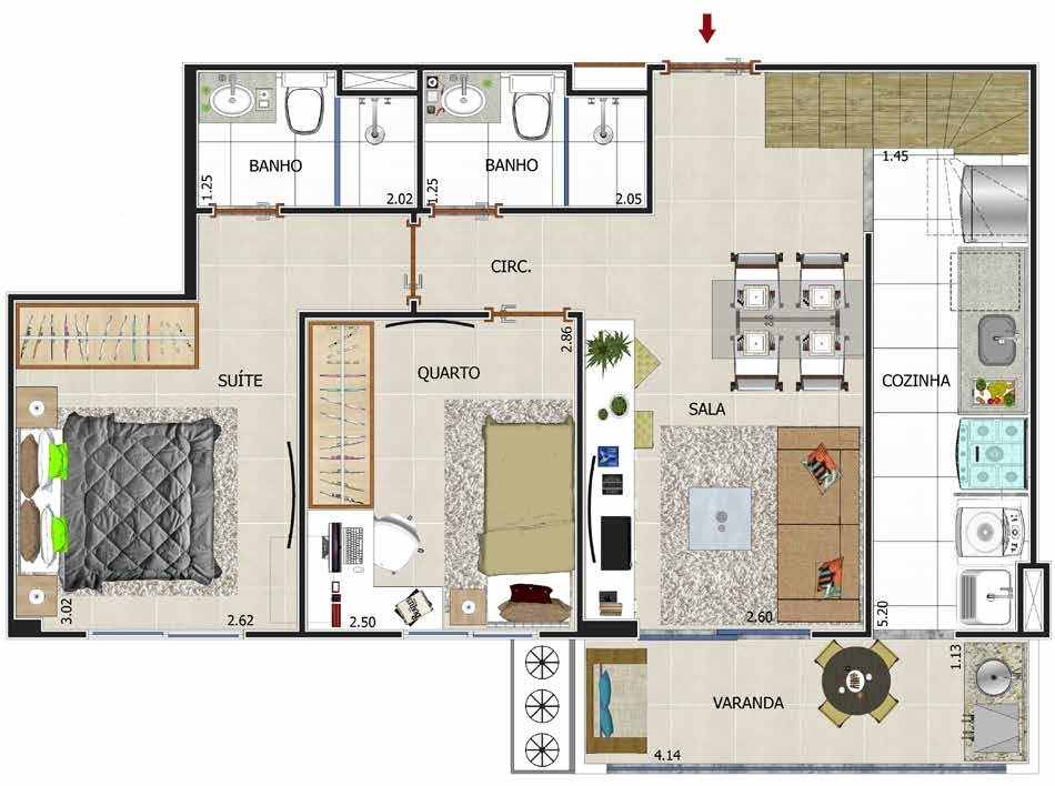 Planta 16 - 3 dorm 115,88m² - cobertura duplex - inferior