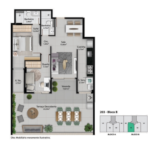Planta 05 - 2 dorm 93,93m² - garden