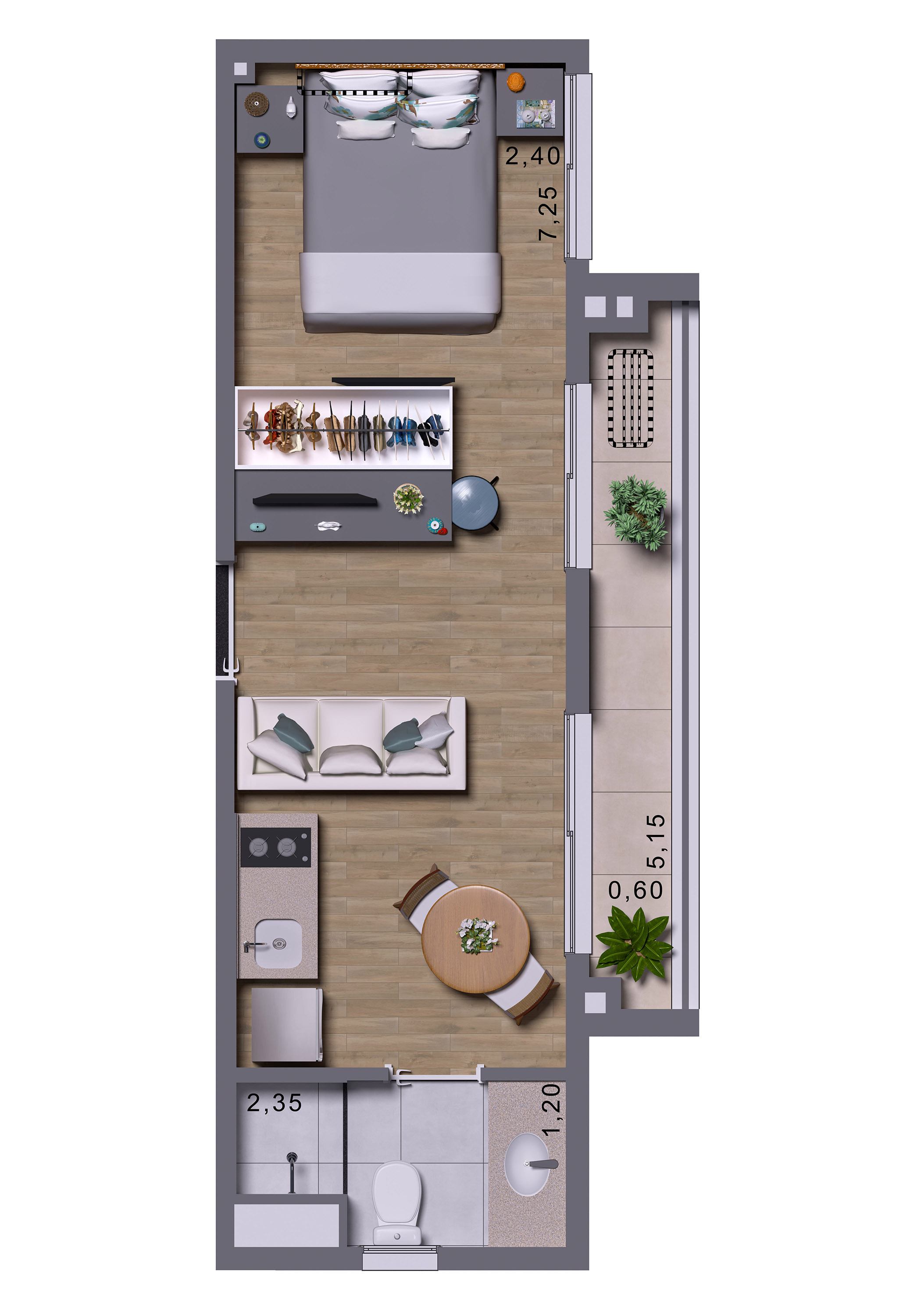 Planta 01 -  1 dorm 28m² - studio