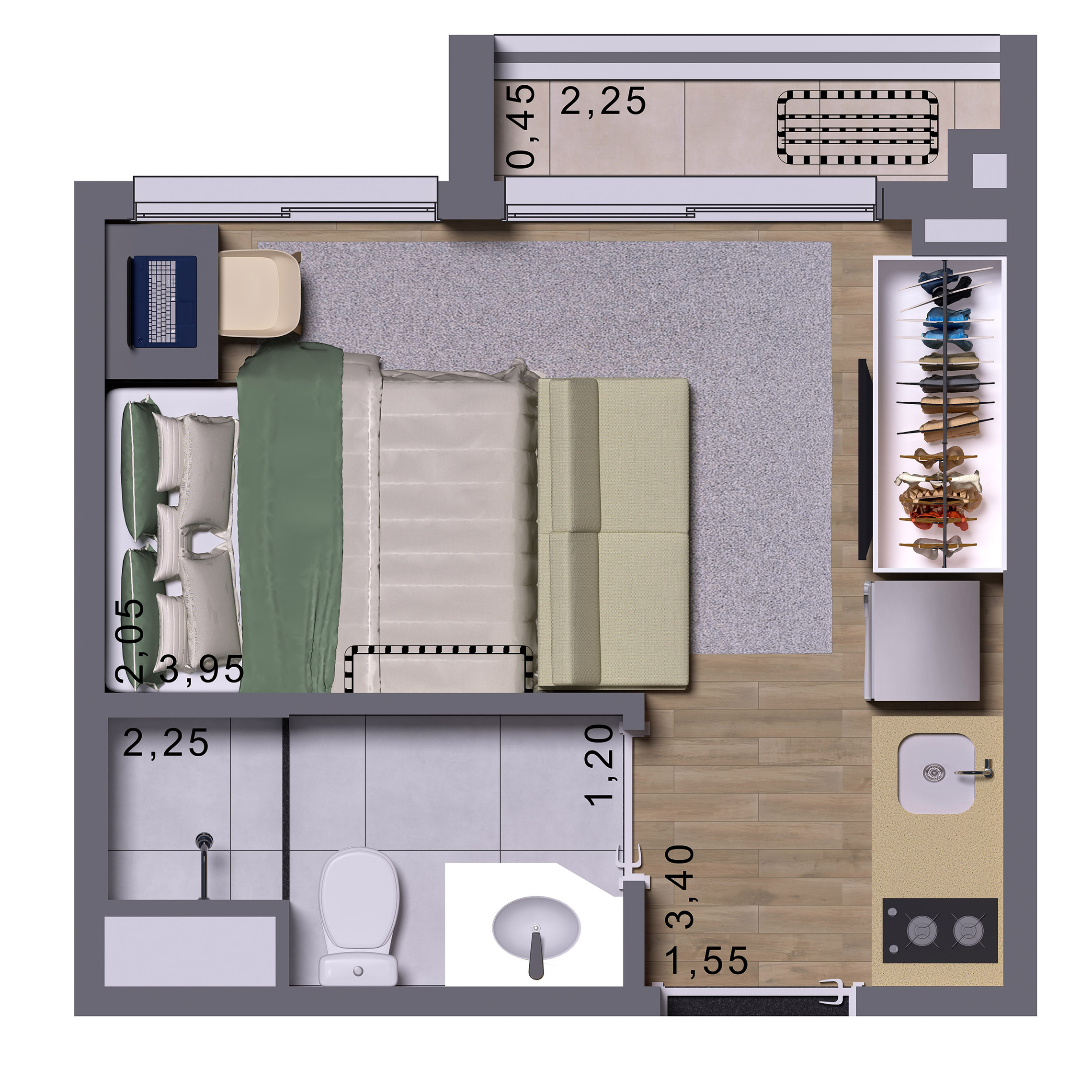Planta 02 - 1 dorm 17m² - studio