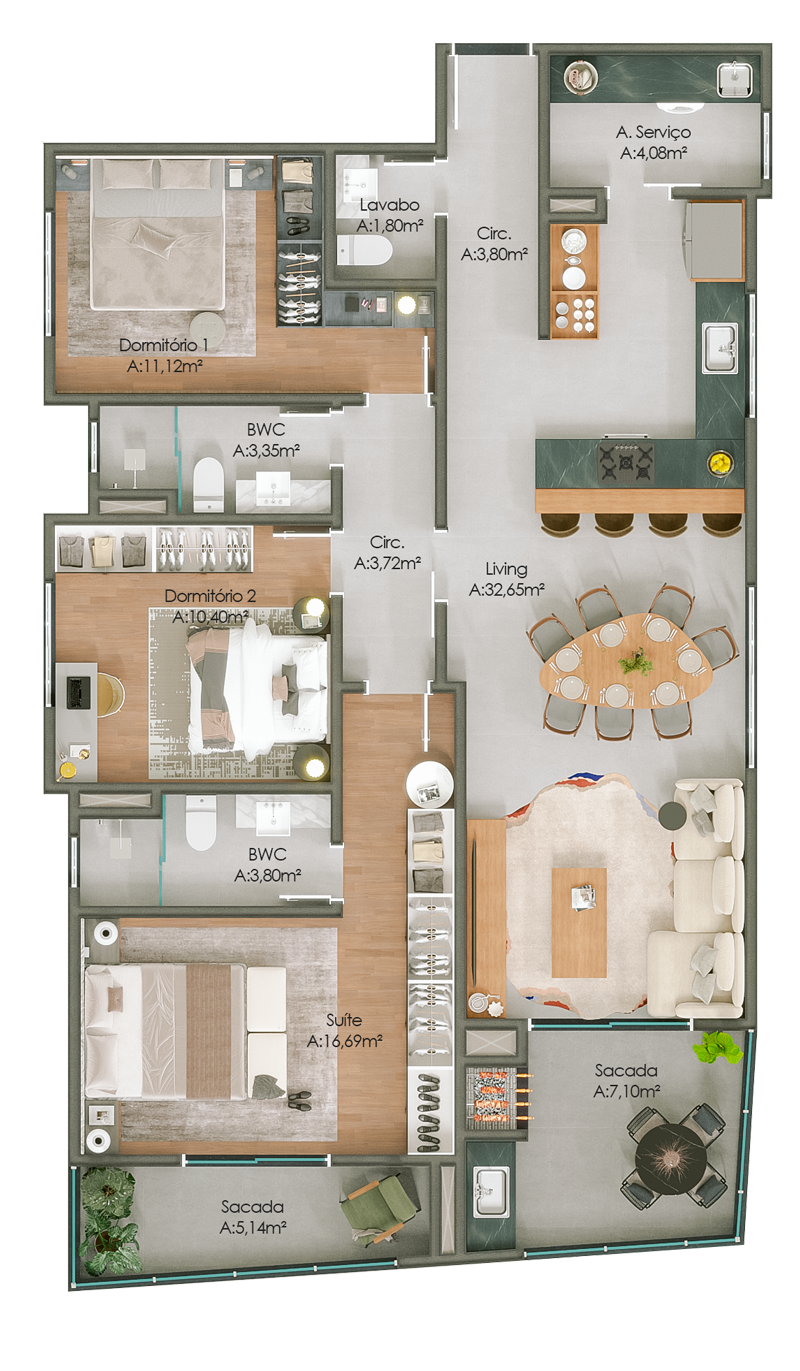 Planta 02 - 3 dorm 120,27m²