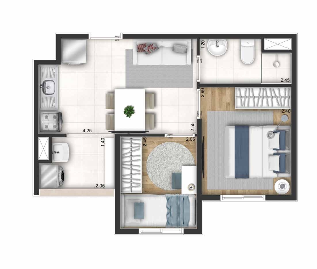 Planta 03 - 2 dorm 32m²