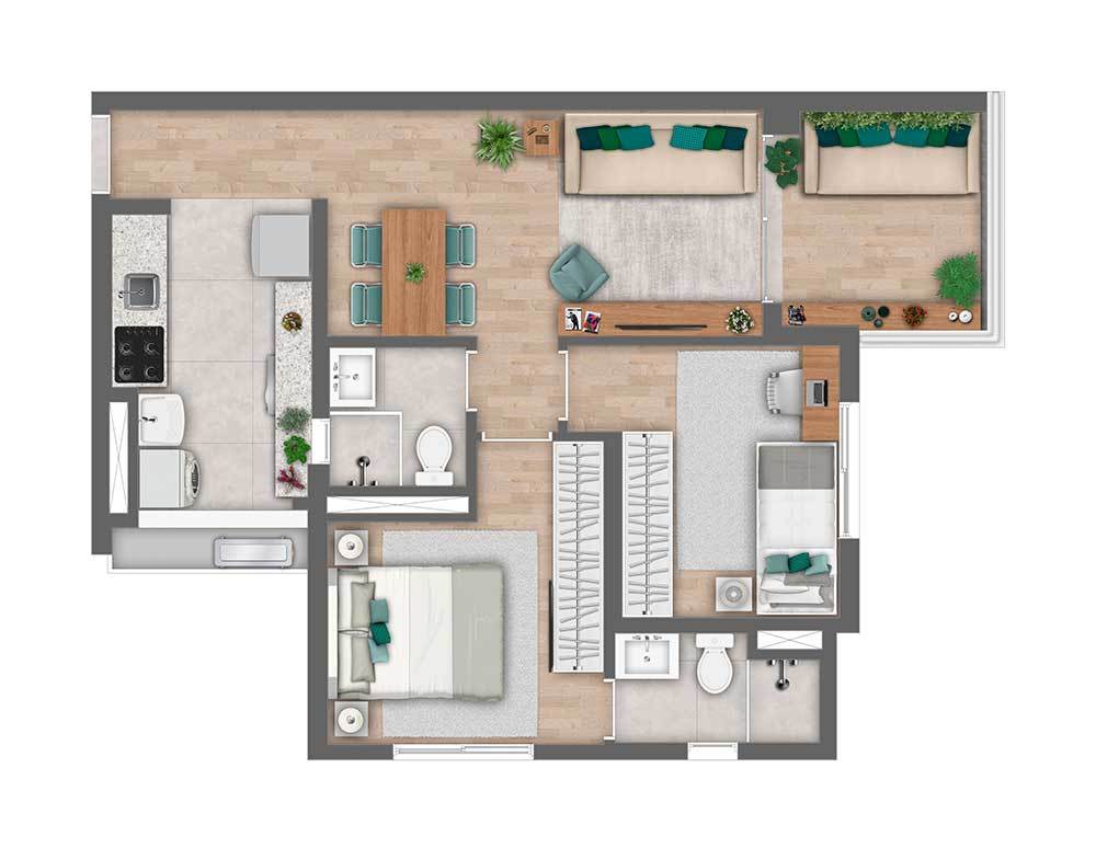 Planta 03 - 2 dorm 60m²