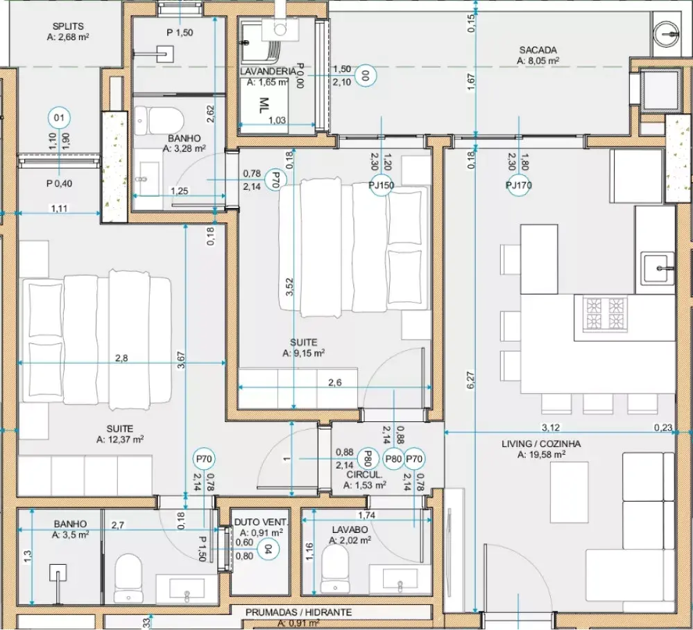 Planta 01 - 2 dorm 76m²