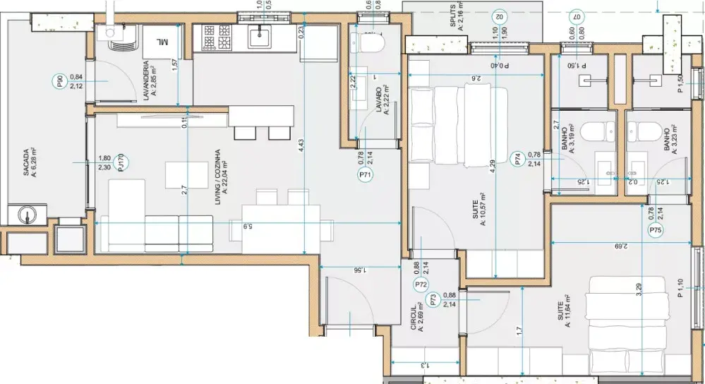 Planta 02 - 2 dorm 80m²