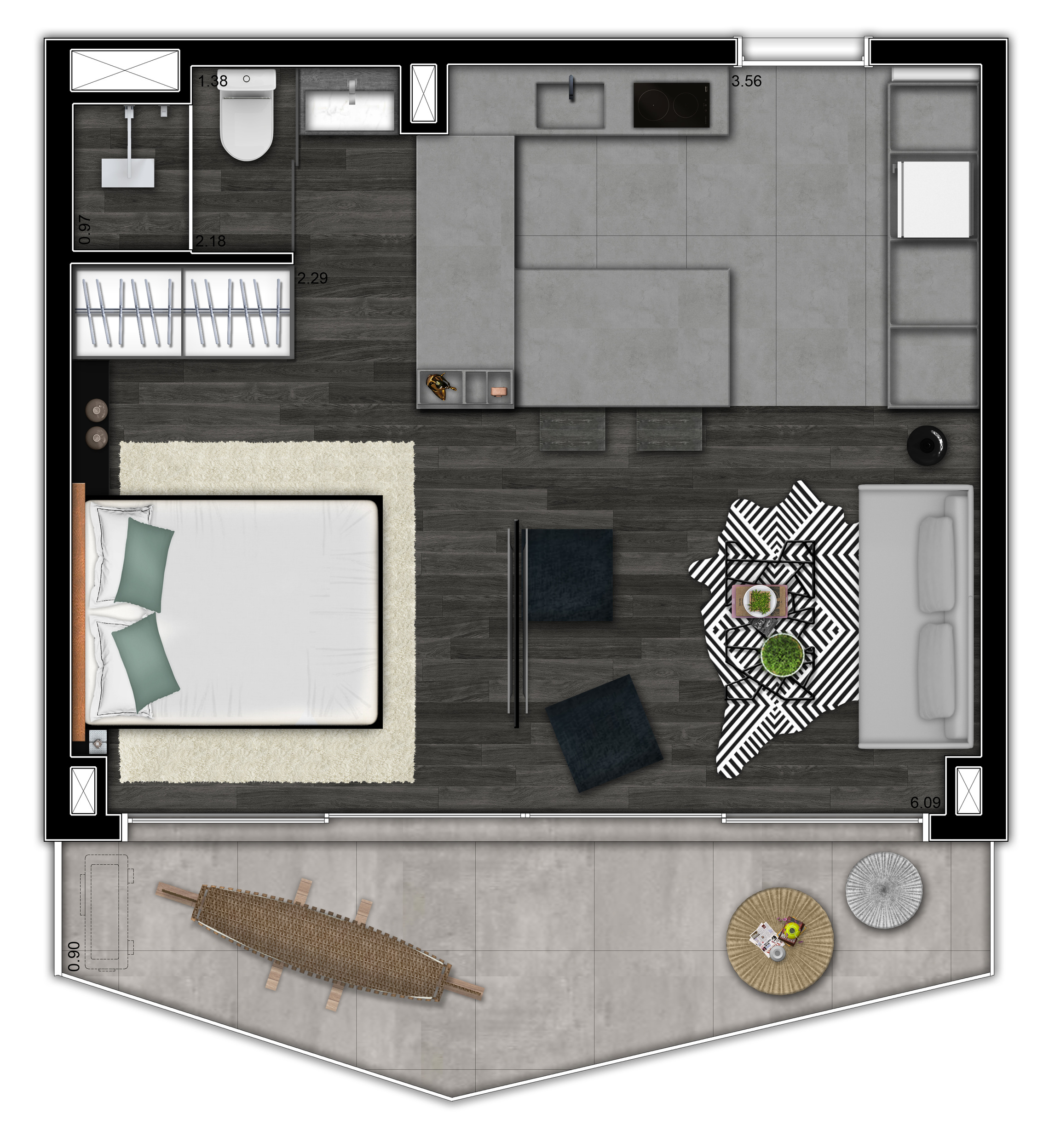 Planta 05 - 1 dorm 43m² - studio opção