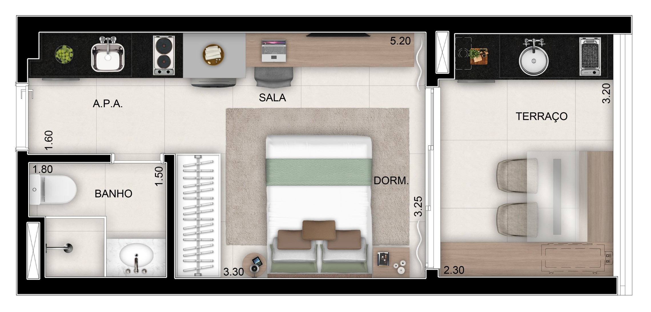 Planta 01 - 1 dorm 26 97m²  - studio