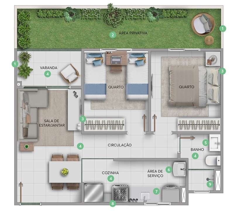Planta 02 - 2 dorm 53,73m² - garden
