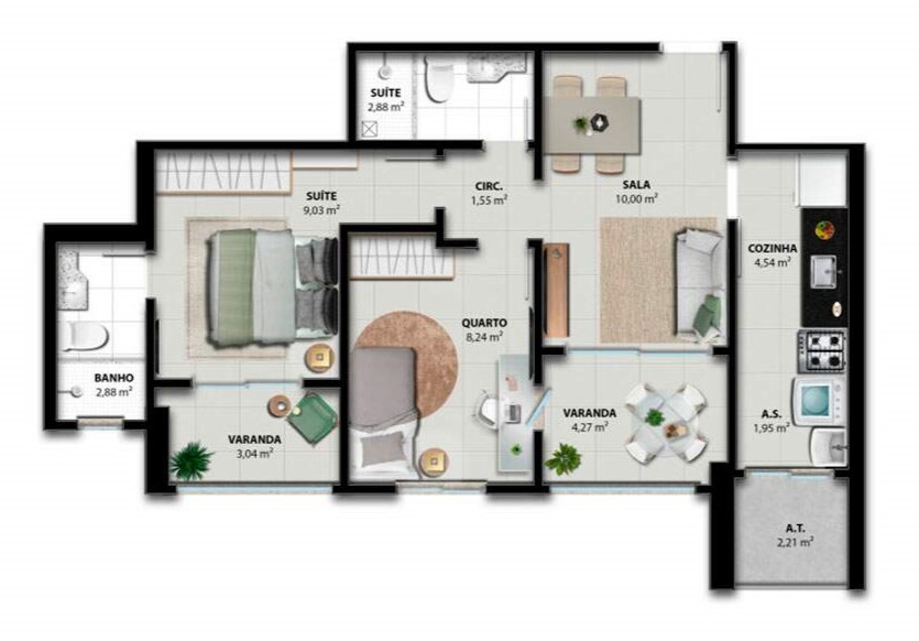 Planta 05 - 2 dorm 59,4m²