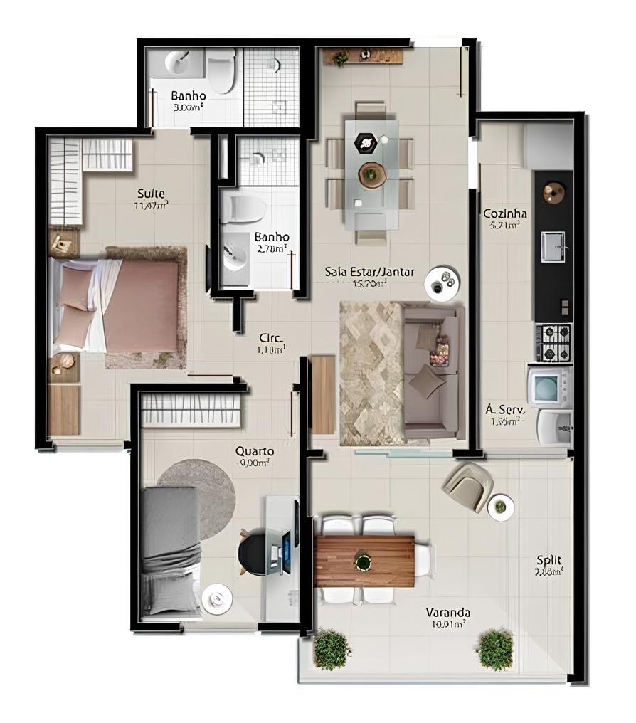 Planta 13 - 2 dorm 73,52m²