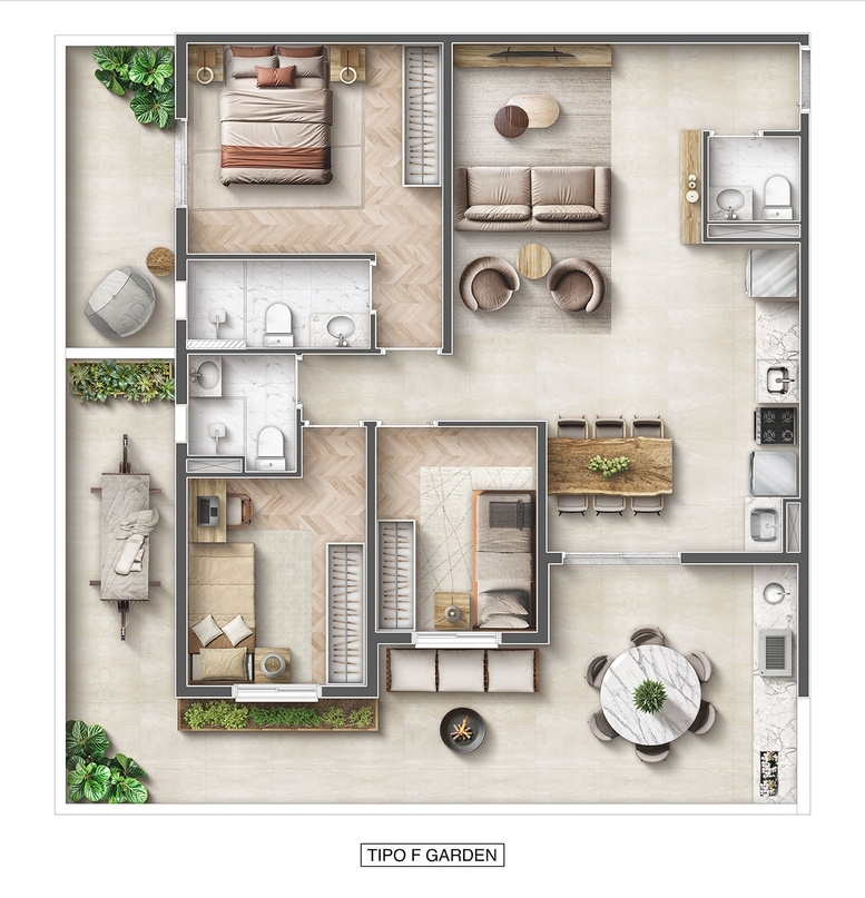 Planta 04 - 3 dorm 104,95m² - garden