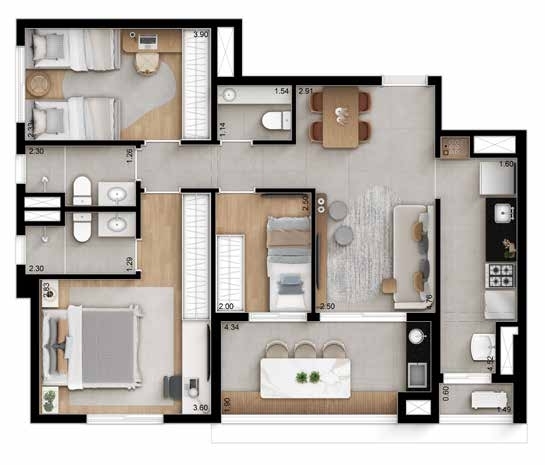 Planta 03 - 3 dorm 80m²