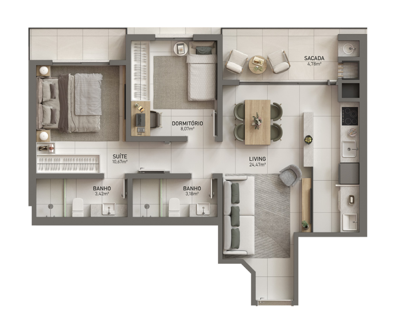 Planta 02 - 2 dorm 66,86m²