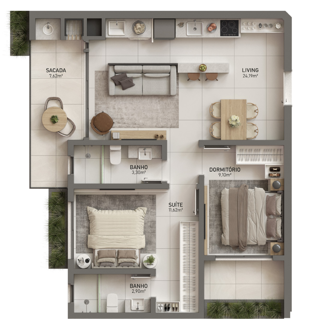 Planta 03 - 2 dorm 70,67m²