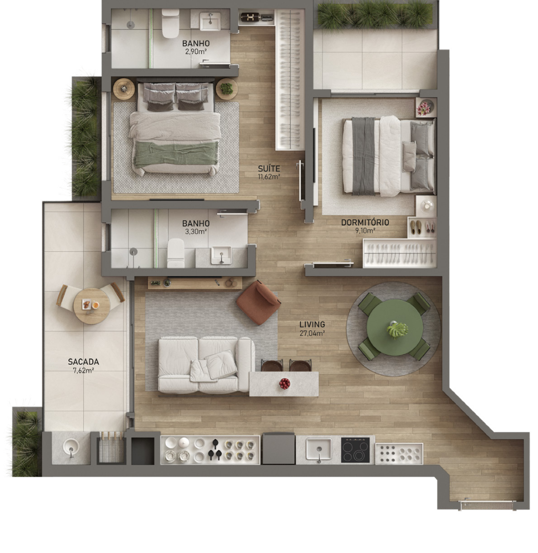 Planta 04 - 2 dorm 74,44m²