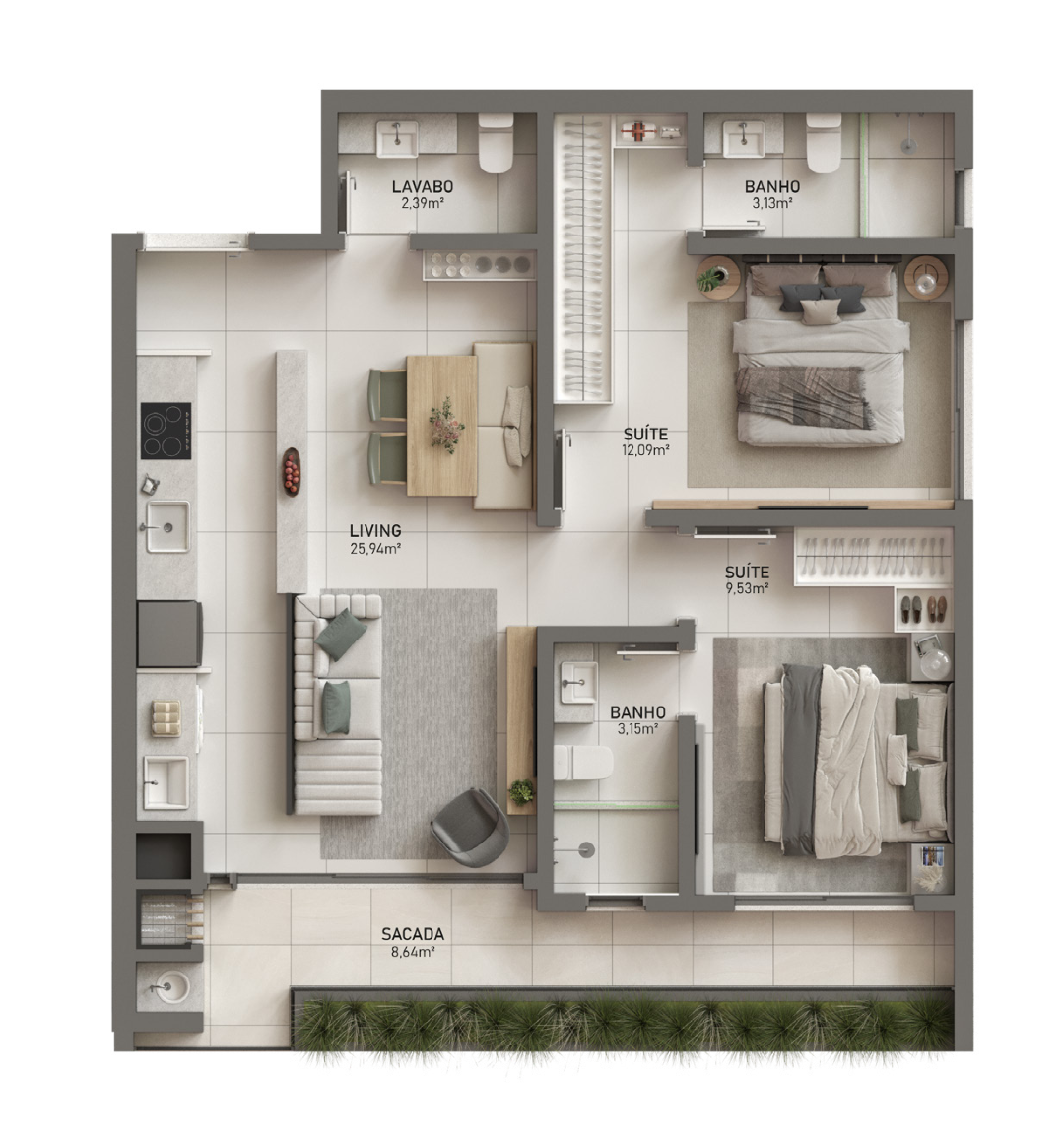Planta 05 - 2 dorm 75,94m²