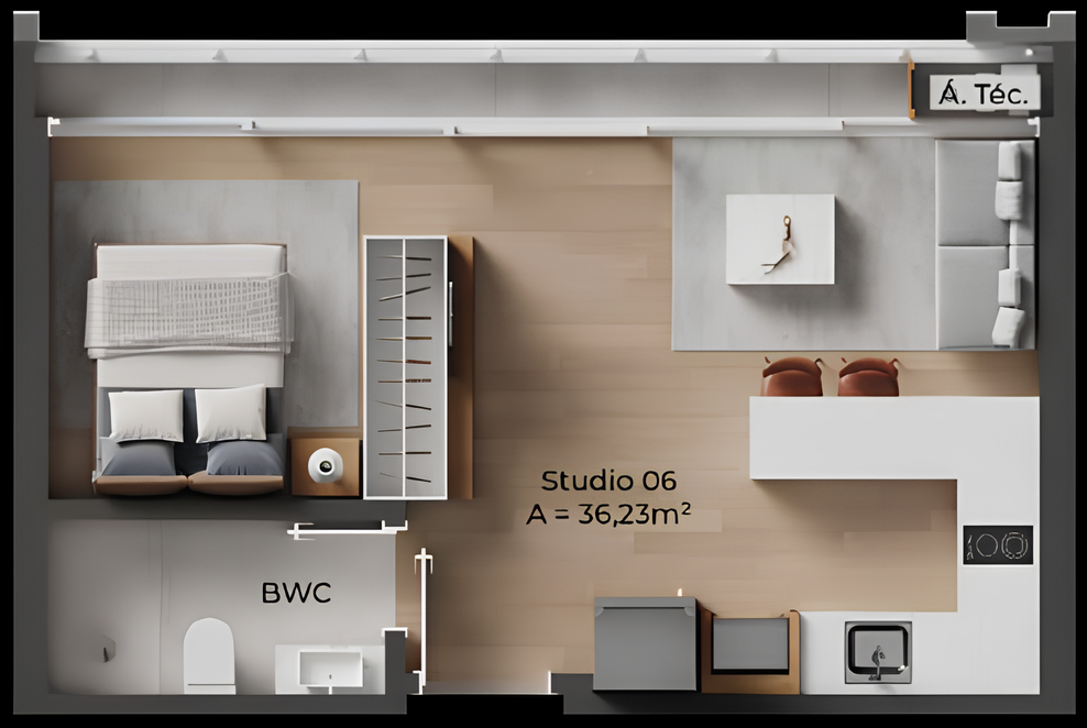 Planta 01 - 1 dorm 36,23m² - studio
