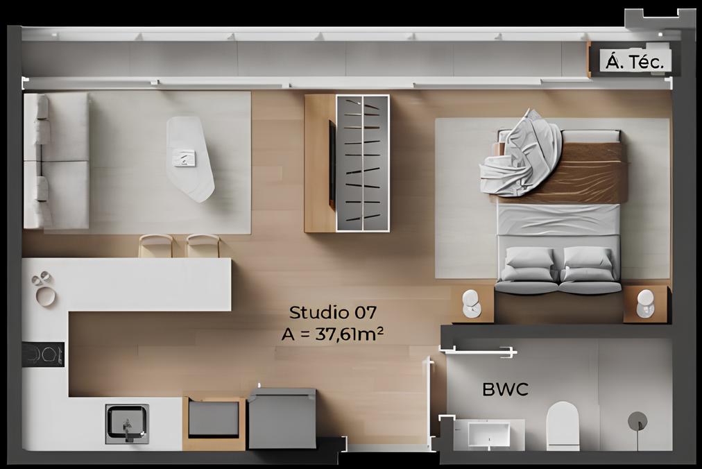 Planta 02 - 1 dorm 37,61m² - studio