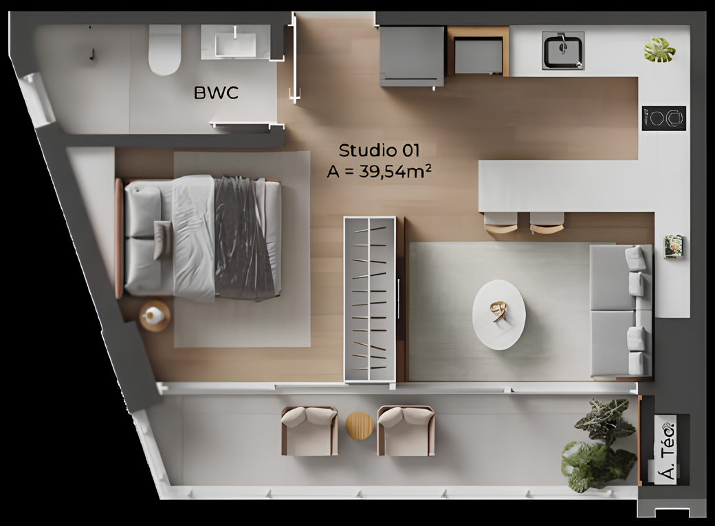 Planta 03 - 1 dorm 39,54m² - studio