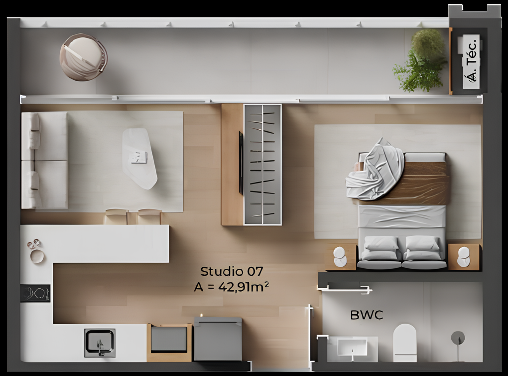 Planta 08 - 1 dorm 42,91m² - studio
