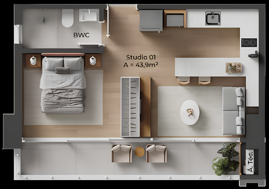 Planta 09 - 1 dorm 43,9m² - studio