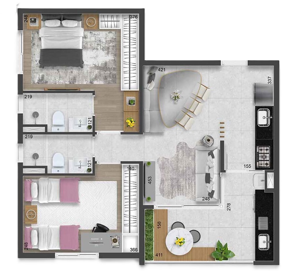 Planta 01 - 2 dorm 62m²