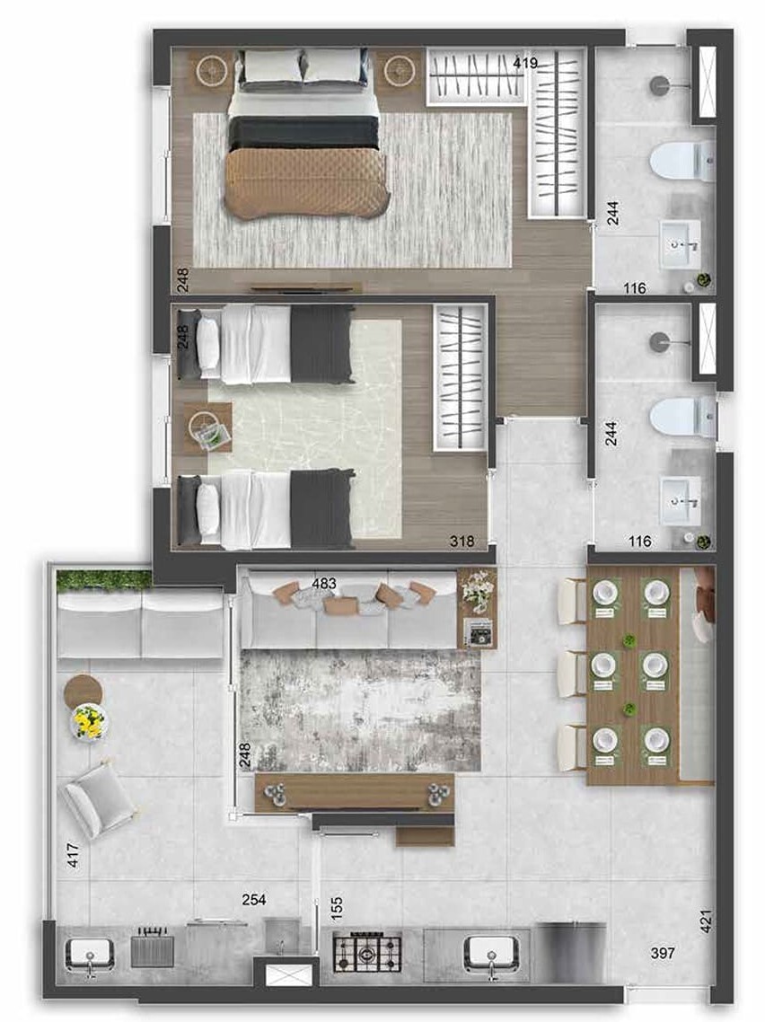 Planta 03 - 2 dorm 63m²