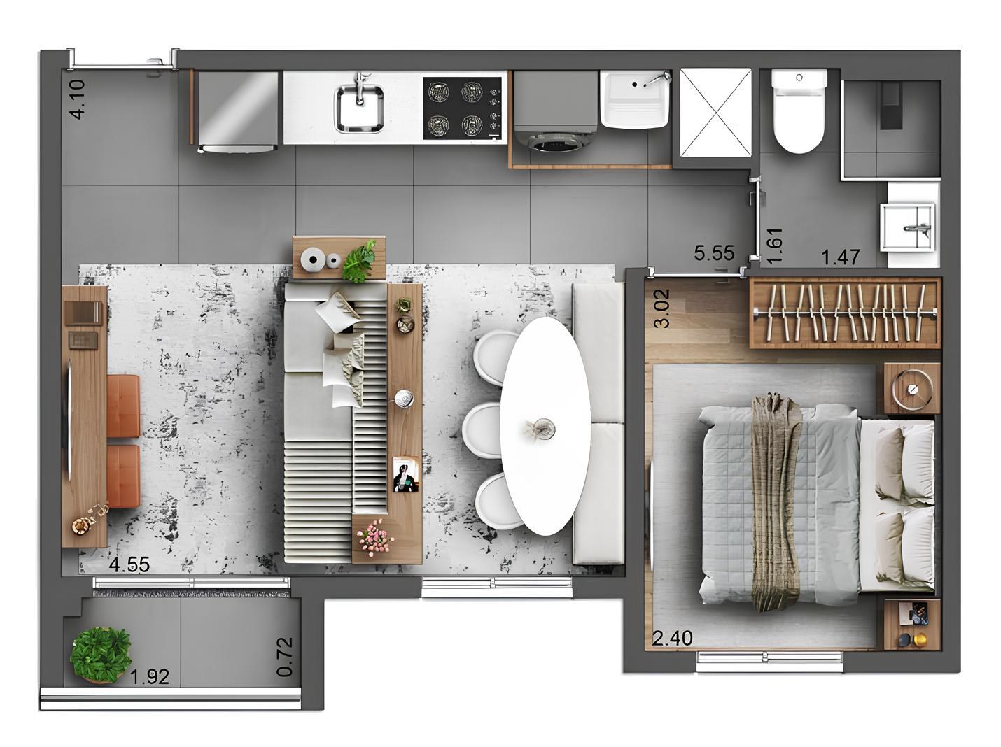 Planta 02 - 1 dorm 35m²