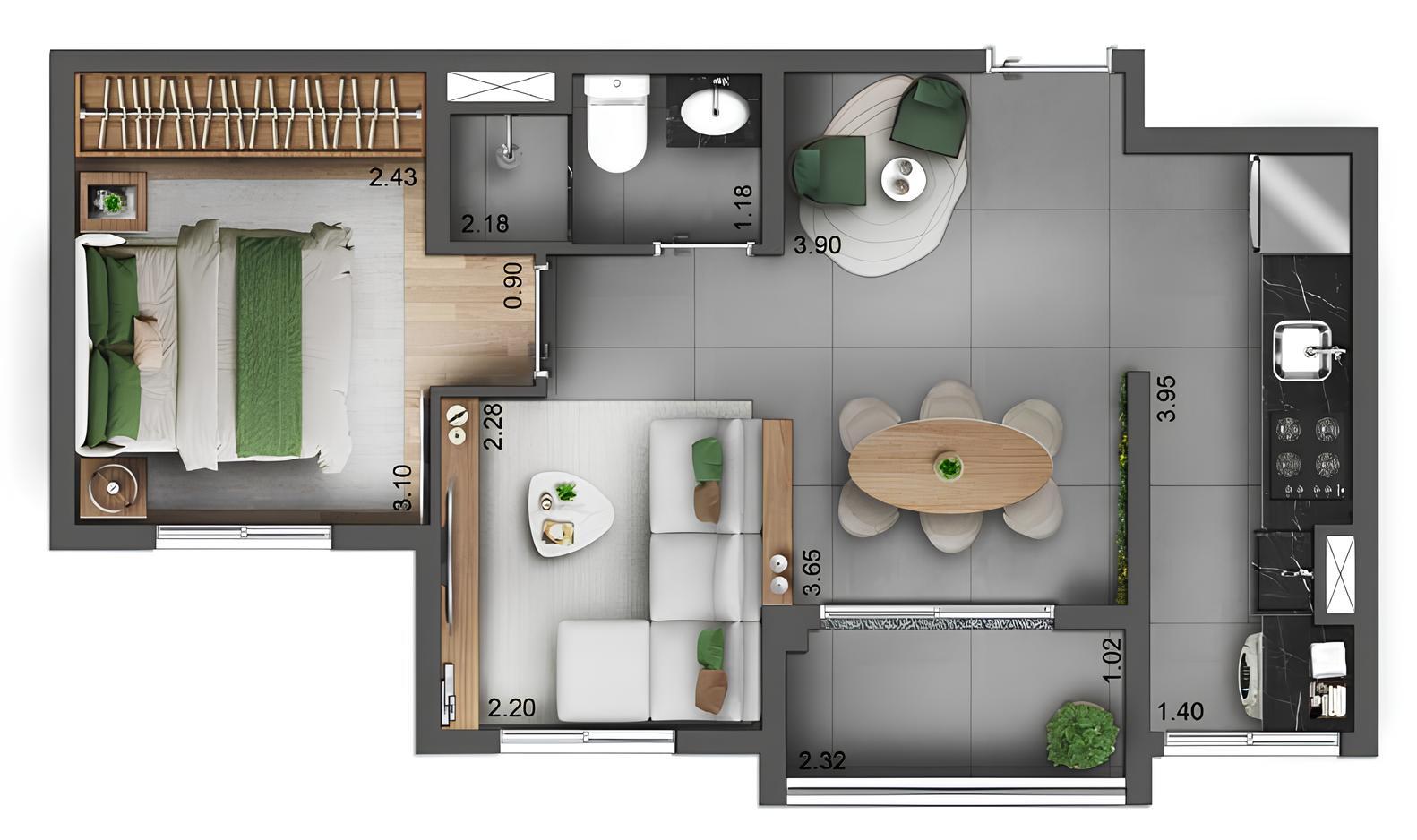 Planta 05 - 1 dorm 39m²