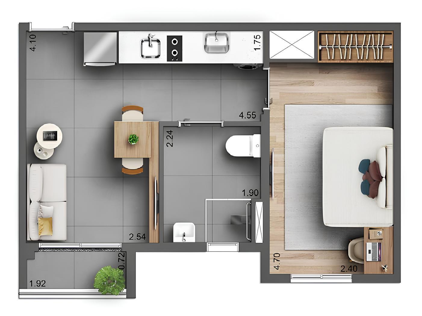 Planta 02 - 1 dorm 35m²