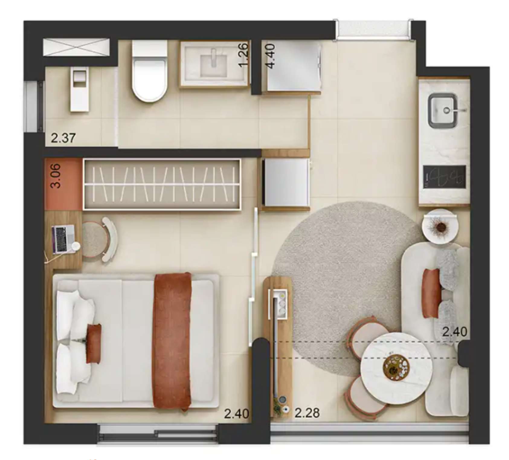 Planta 01 - 1 dorm 24,40m²