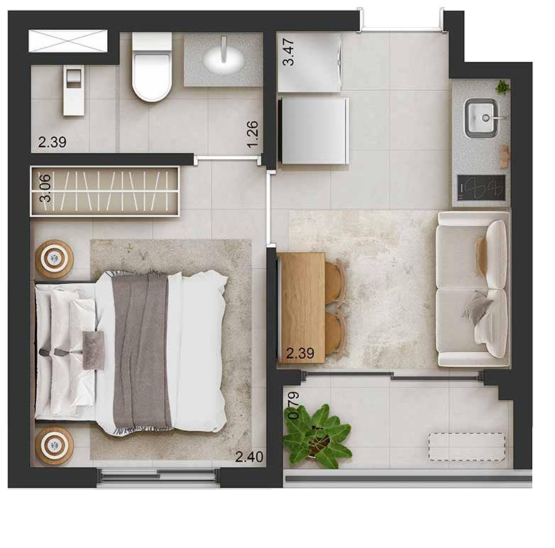 Planta 01 - 1 dorm 25m²