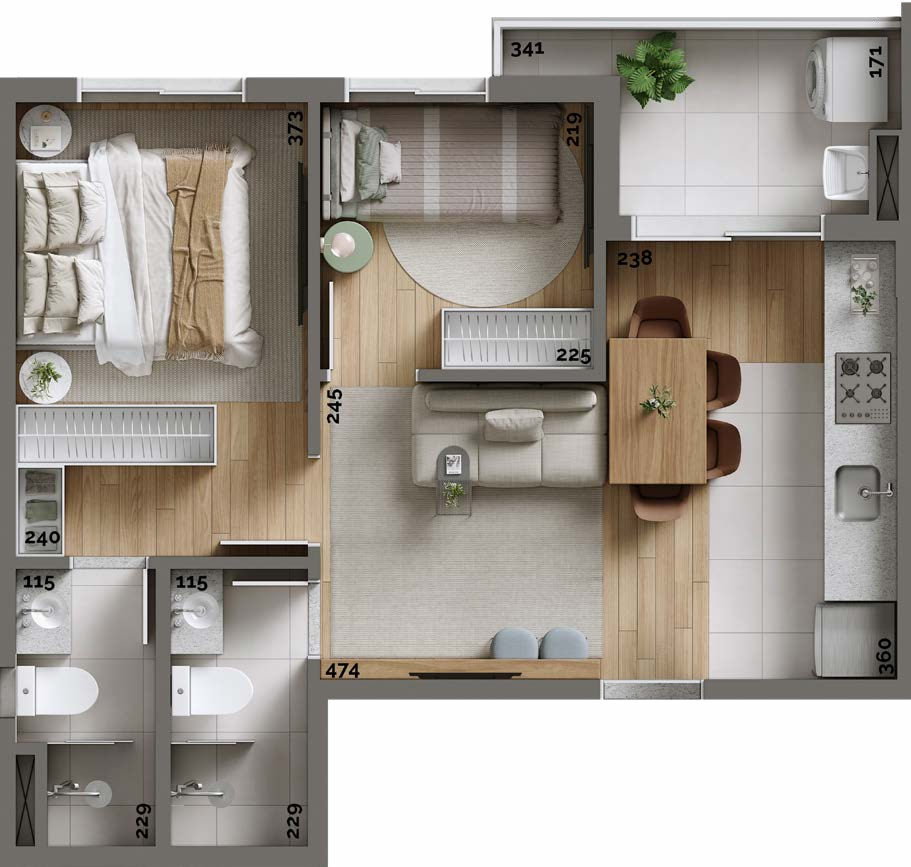 Planta 04 - 2 dorm 44,69m²