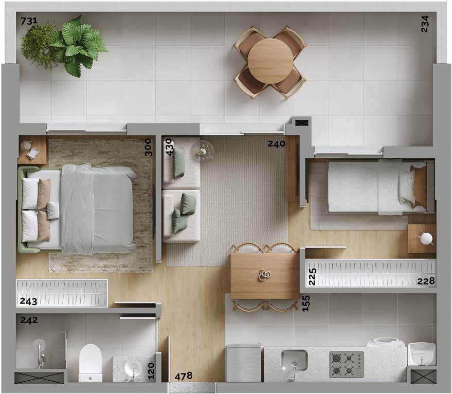 Planta 05 - 2 dorm 47,07m² - garden