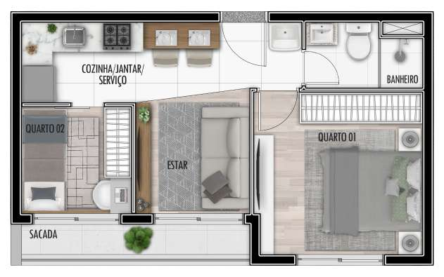 Planta 03 - 1 dorm 34,9m² - opção