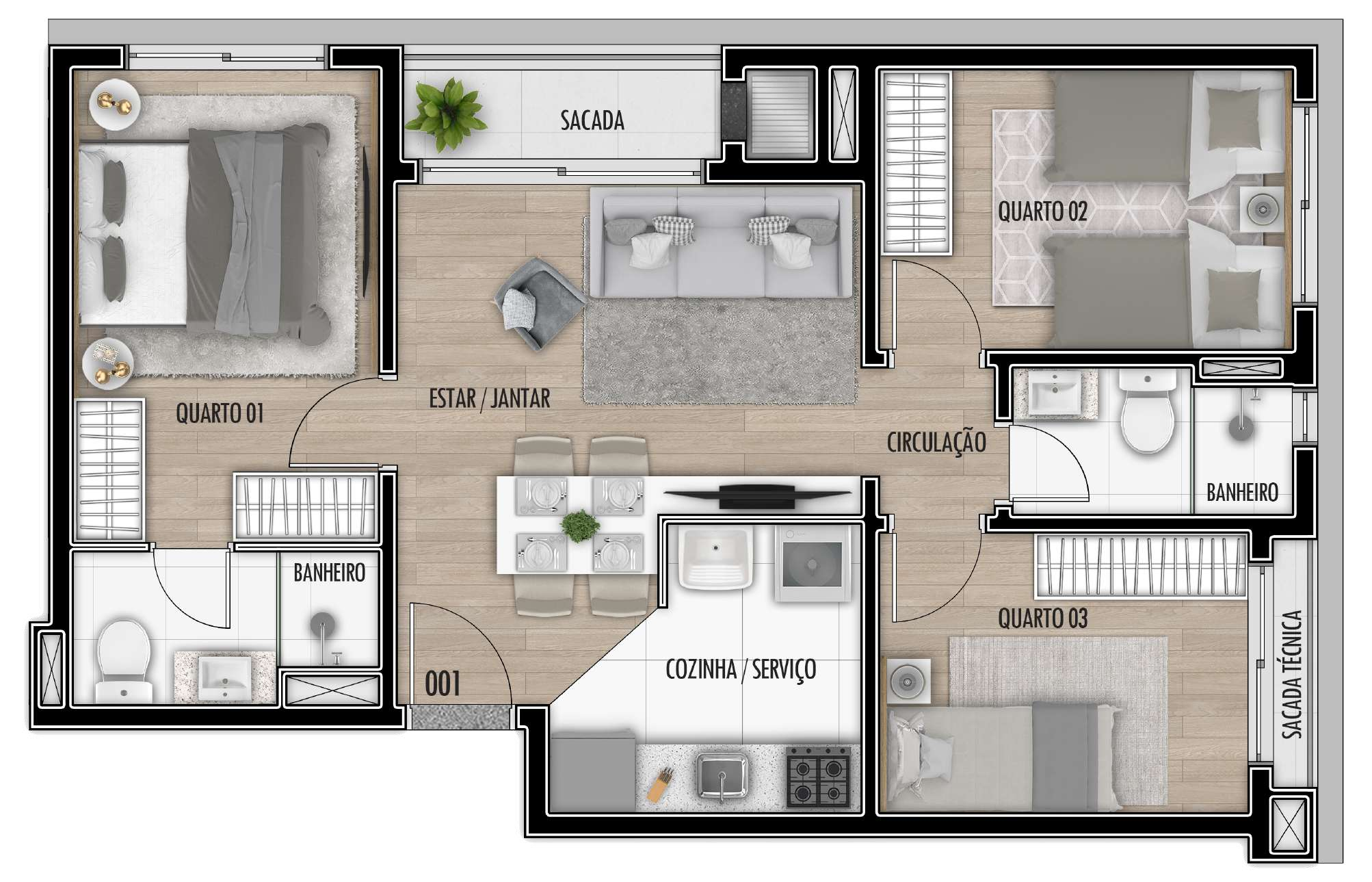 Planta 08 - 3 dorm 57,9m²