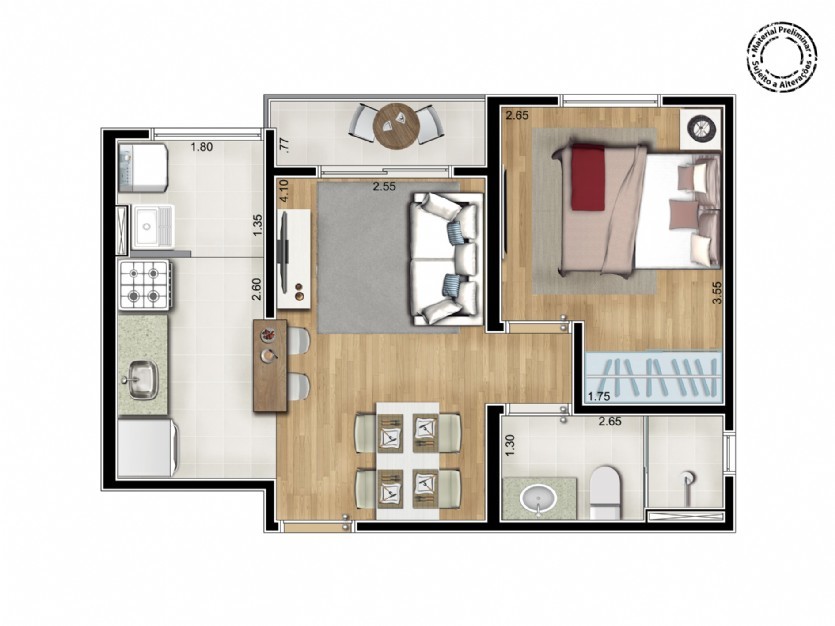 Planta 01 - 1 dorm 37m²