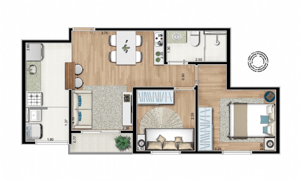 Planta 02 - 2 dorm 50m²