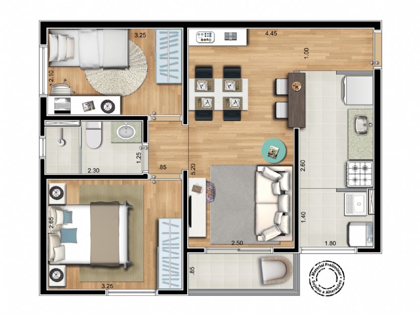 Planta 03 - 2 dorm 50m²